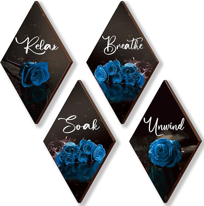 ONIZHITY Set of 4 Blue Bathroom Decor Rose Wooden Wall Decor Flower Rustic Romantic Floral Farmhouse Blue Wall Decor Modern Breathe Soak Unwind Relax Signs for Room Kitchen Bathroom (blue 12 x 7)