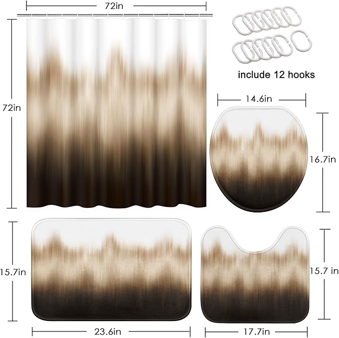 Brown Ombre Shower Curtain Set with Toilet Lid Cover and Non-Slip Rugs for Bathroom, Gradient Modern Simple Abstract Vintage 4 Pcs Shower Curtain, Bathroom Set with with 12 Hooks