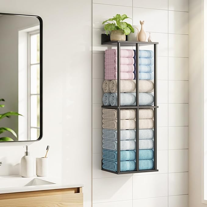Bathroom Towel Storage, Black Bathroom Towel Holder, Wall Mounted Towels Racks Shelf Towels Organizer for Rolled Towels, 34inch Modern Storage Rack Organizer for RV