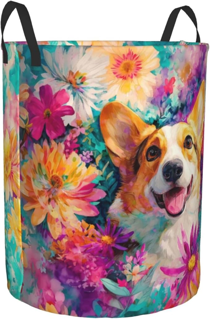 Dog Flower Laundry Basket Storage Bin Foldable Laundry Hamper Clothes Storage Bucket Organizer 19.6x15.7 Inch For Laundry Room/Bedroom/Bathroom