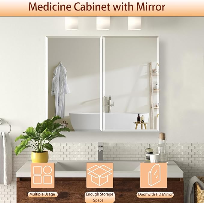 Medicine Cabinet with Mirror, 32x26 Inch Bathroom Mirrored Cabinet with Double Doors, Extra Storage Space, Bevel Mirror Wall Cabinet, Recessed or Surface Mount