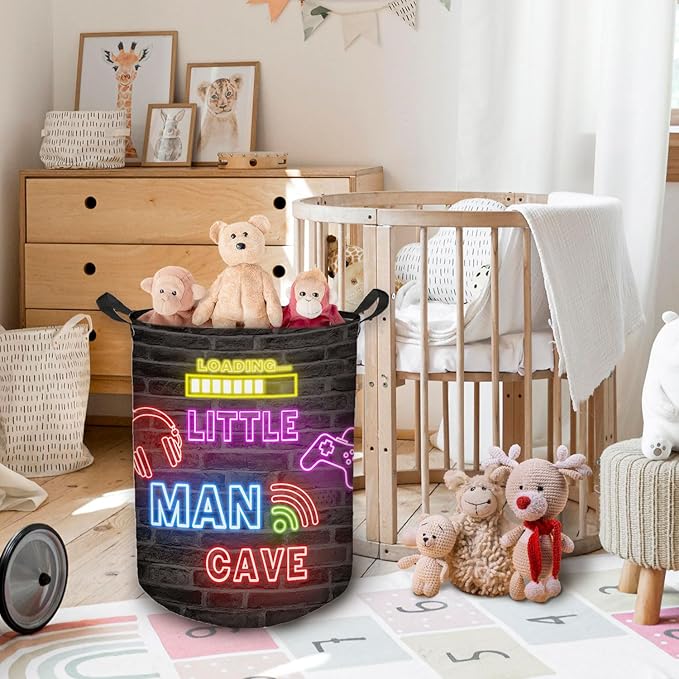 Little Man Cave Gamer Boy Laundry Basket, Gaming Decor for Boys Bedroom, Neon Gaming Laundry Basket Hamper Waterproof Collapsible Clothes Toybox Storage Bin Organizer for Kids Boys Room Nursery