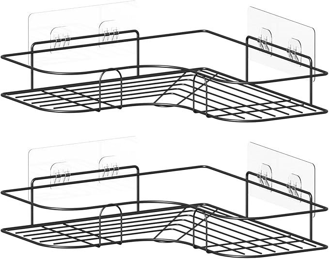 Corner Shower Caddy, 2 Pack Adhesive Shower Corner Organizer Shelves, No Drilling Stainless Steel Shower Storage Rack for Bathroom, Dorm and Kitchen, Black