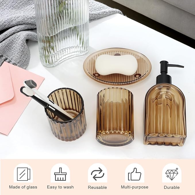 4Pcs Glass Bathroom Accessories Set,Amber Bathroom Accessory Set,Bathroom Counter Sink Toothbrush Holder Set Includes Hand/Lotion Soap Dispenser & Tumbler & Soap Dish
