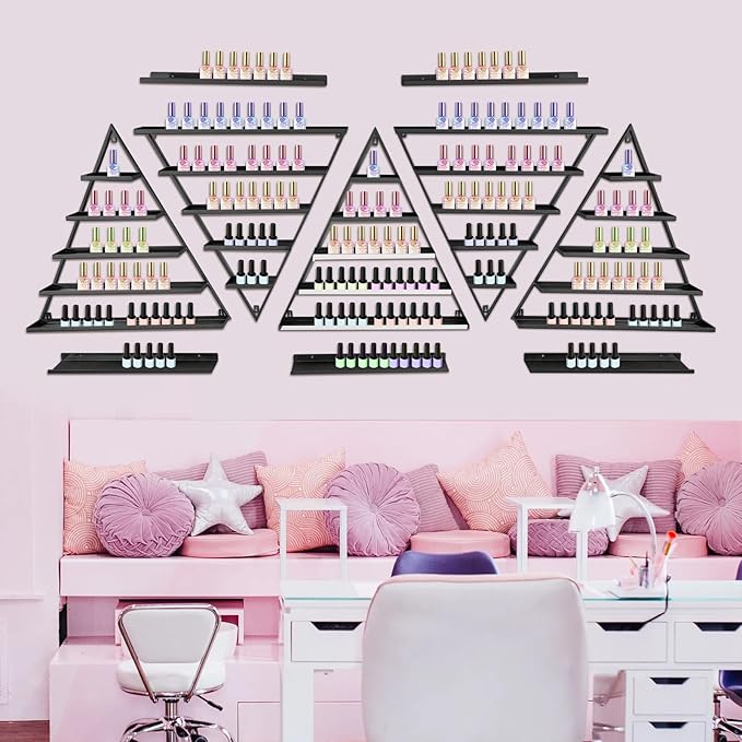10PCS Triangular Wall-Mounted Nail Polish Racks, Black 5-Tier Nail Polish Shelves, Heavy-Duty Cosmetic Display Cases with Raised Edges for Nail Salon, Home, Shop Use