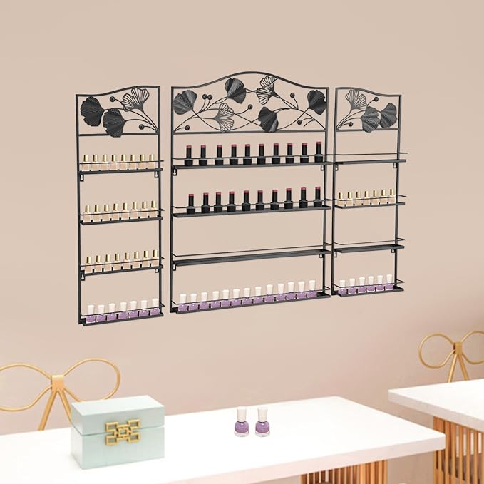 3Pcs Wall-Mounted Nail Polish Racks, 4-Tier Metal Makeup Display Wall Shelf Storage Organizer for Cosmetic Perfume Lipstick Home Spa Nail Salon (Black)