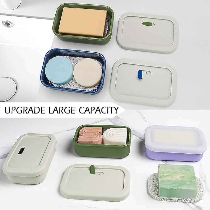 AIDIMMING Enhanced Leak Proof Travel Case with Lid, Large Silicone Container for Traveling,Shampoo Bar Holder, Soap Dish with Draining Layer, Bar Soap Caddy (Offwhite & Blue)