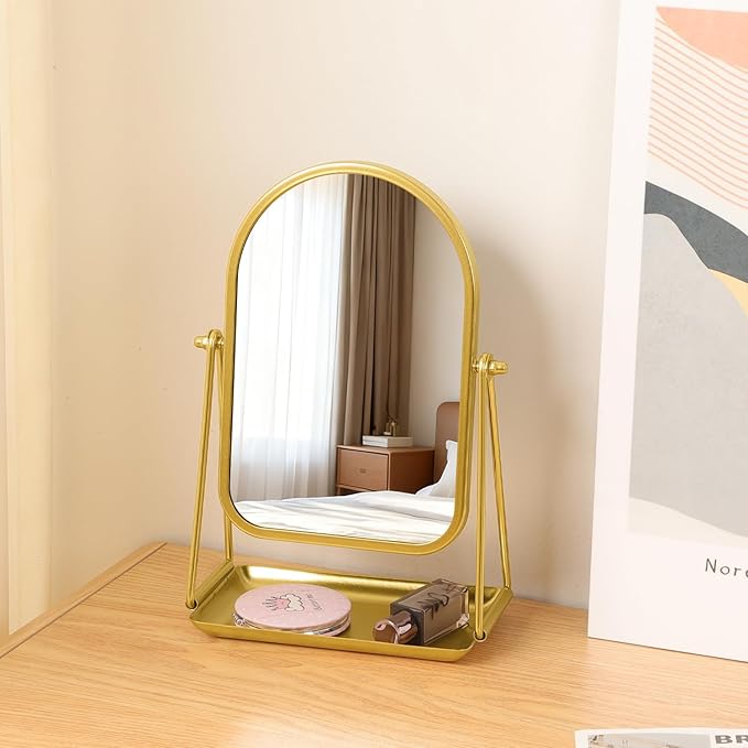 Desk Table Mirror Arch Makeup Vanity Mirror 360°Adjustable Rotation Golden Metal Framed Standing Mirrors with Tray Desktop Cosmetic Mirror for Living Room,Bedroom,Tabletop,Bathroom