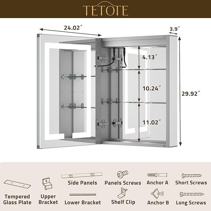 TETOTE 24 x 30 LED Lighted Medicine Cabinet with Lights & Outlets & USB, Recessed or Surface Mount Medicine Cabinet Mirror for Bathroom with Storage, Tempered Glass, 3-Color Dimming, Adjustable Shelf