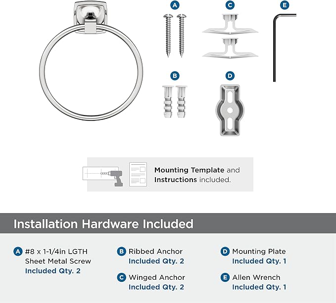 Amerock BH3609226 | Chrome Towel Ring | 7-9/16 in (192 mm) Length Towel Holder | Stature | Hand Towel Holder for Bathroom Wall | Small Kitchen | Bath Accessories