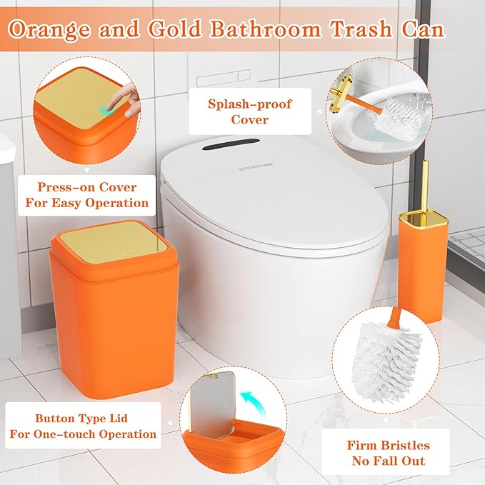 XLHOMO Bathroom Accessories Set - Luxury Orange Bathroom Set, 9 Pieces Bathroom Accessory Set, Orange Bathroom Accessories with Trash Can, Toilet Brush & Soap Dispenser