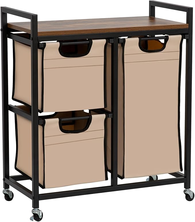 Suntage Laundry Basket Organizer - Hampers with 3 Compartments, Sliding Laundry Sorter Bags, Top Storage Shelf, Metal Frame