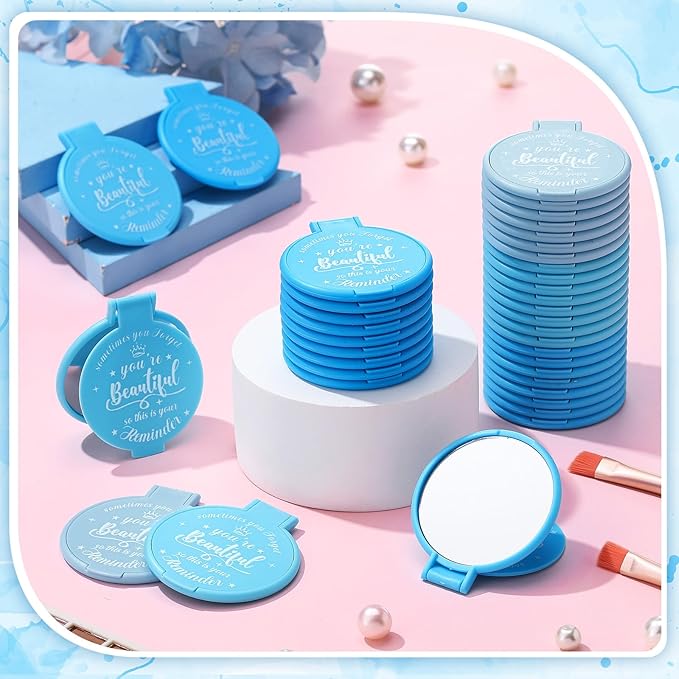 100 Pcs 2.76 Inch Inspirational Compact Mirror Bulk Women Small Gifts Graduation Party Favors Purse Mirror Pocket Mini Stuffer Items for Adult Coworker Cheerleader Employee (Blue Series)