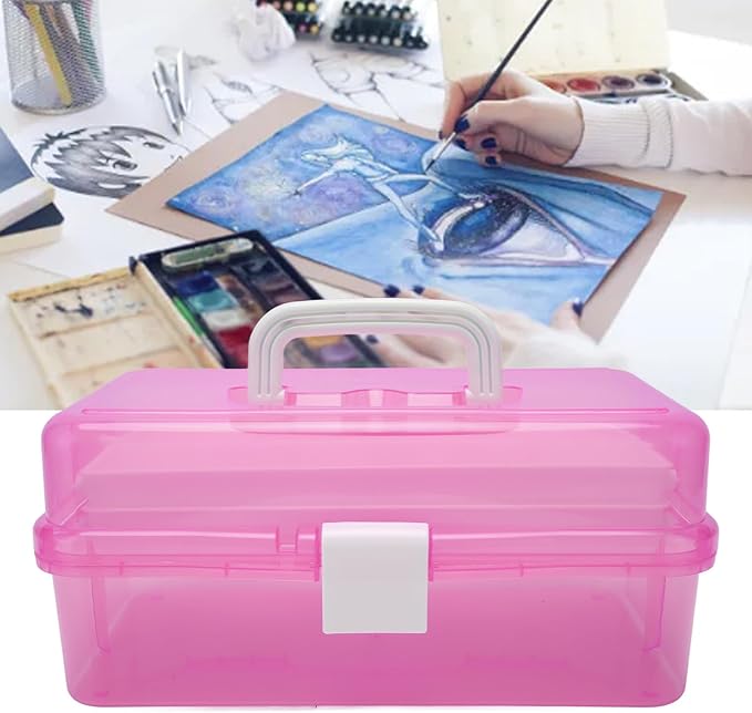 Zerodis 3 Layers Storage Box, Transparent Lid Plastic Portable Storage Box Sturdy Non Deformable Storage Case with Handle Art Craft Storage Box for Cosmetics Jewelry Nail Tools (Red)