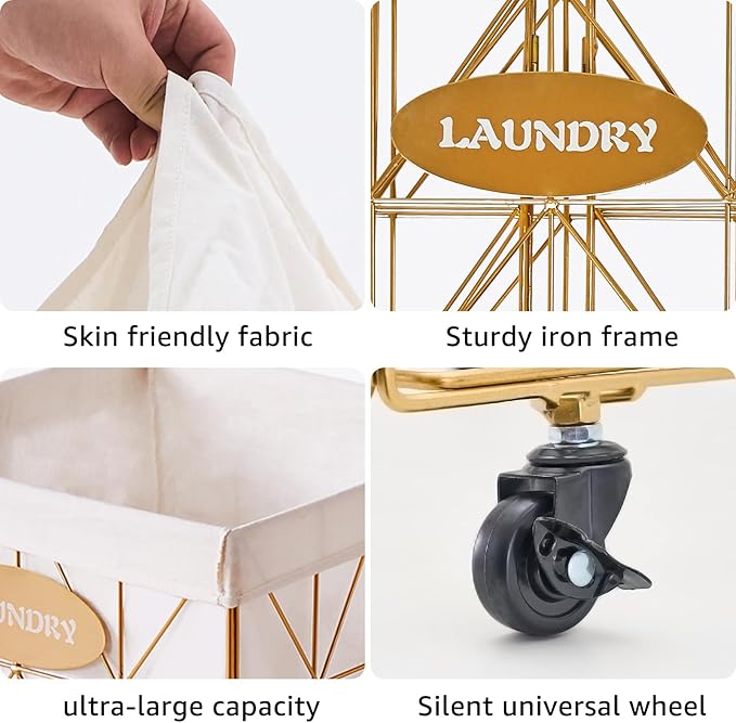 Mxfurhawa Laundry Hamper,Collapsible Laundry Basket Large Capacity Metal Laundry Hamper with Removable Liner, Rolling Wheels and Collapsible Design for Clothes Storage and Organization (160L GOLD)