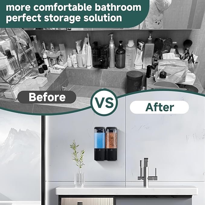 Shampoo and Conditioner Dispenser 2 Chamber No Drill Shampoo Dispenser for Shower Wall Mounted Shower Soap Dispenser 2 * 500ml Refillable Shower Dispenser for Bathroom Hotel(Black 2 Chamber)