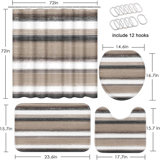 Stripes Taupe Shower Curtain Set with Toilet Lid Cover and Non-Slip Rugs for Bathroom, Watercolor Abstract Painting Art 4 Pcs Shower Curtain, Modern Bathroom Set with 12 Hooks