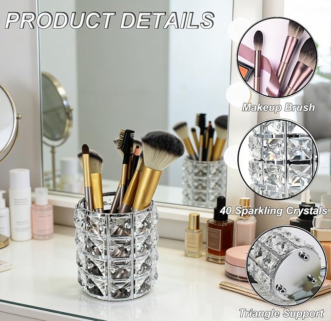 Makeup Brush Holder Organizer Crystal Bling Cosmetic Storage Box for Brushes, Combs & Pens, Candle Holder Container???Silver???