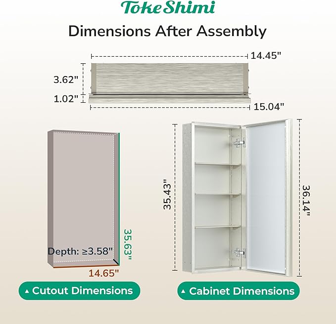 TokeShimi 15 x 36 Brushed Nickel Recessed Medicine Cabinet with Mirror, Assembly Required, Bathroom Medicine Cabinet with Mirror, Stepless Adjustable Shelves, Beveled Aluminum Frame, DTC Hinge