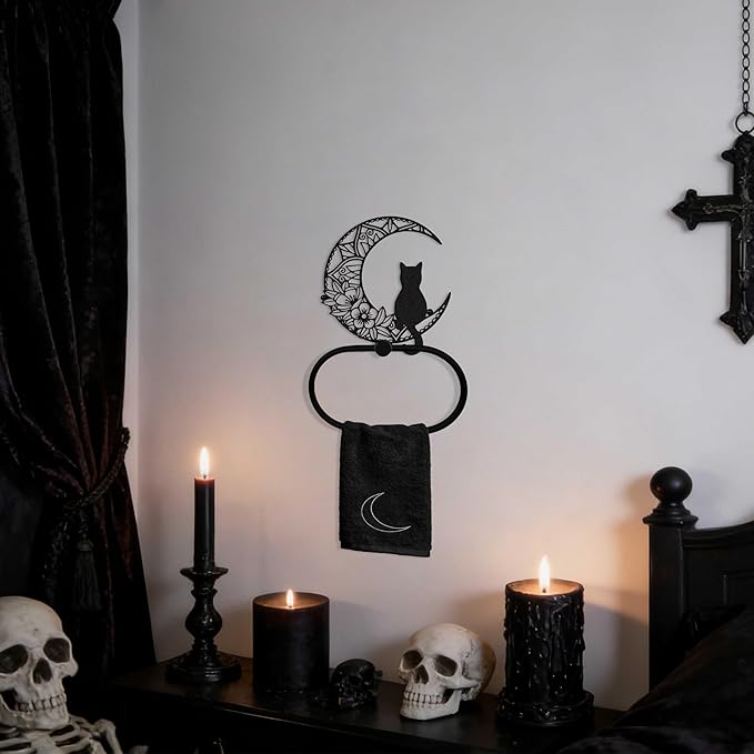 Gothic Black Cat Wall Decor Towel Ring, Moon and Cat Towel Hanger, Witchy Gothic Hand Towels Kitchen Bathroom Accessories, Bath Towel Rings Home Office Garden Hotel, Home Decors Gift