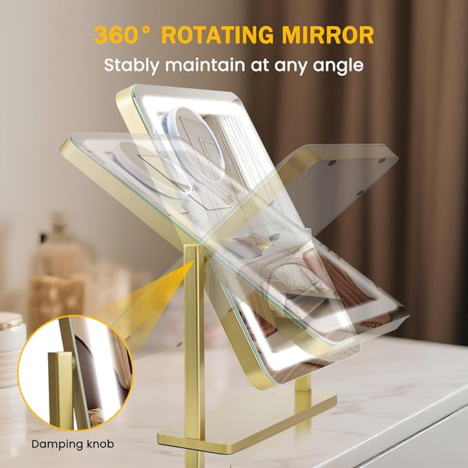 Vanity Mirror with Lights, 15"×12.2" Large LED Makeup Mirror with Light, HD Mirror, Smart Touch with 3-Color Lighting, Dimmable, 360° Rotation, Lighted Up for Vanity Desk Tabletop, Bedroom (Gold)