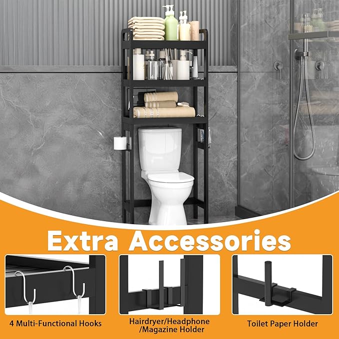 Over The Toilet Storage Shelf, 3 Tiers Space Saver Bathroom Organizer Shelves with Toilet Paper Holder and Hooks, Freestanding Toilet Rack for Washroom Balcony, Black