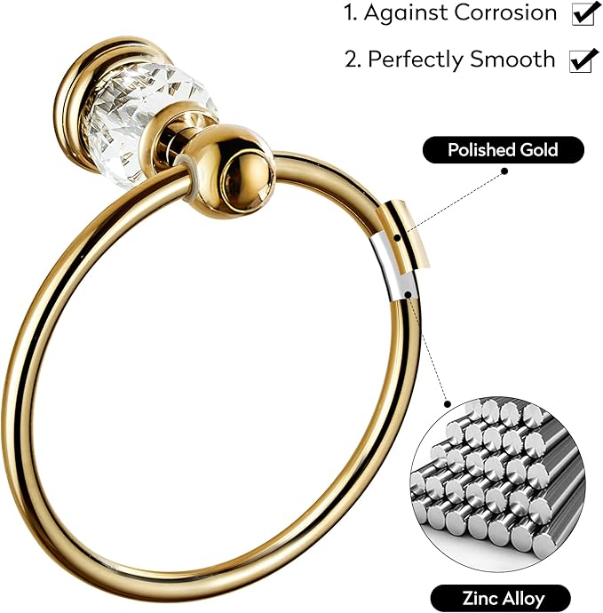 WINCASE Crystal Towel Ring, Gold Towel Holders for Bathrooms, Round Hand Towel Rack Wall Mounted Decorative