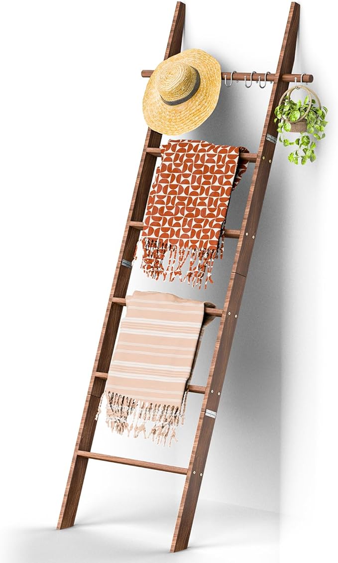 Farmhouse Wooden Blanket Ladder with Removable Hooks, 6-Tier Rustic Blanket Rack Decorative Stand, Leaning Towel Quilt Rack Holder for Bathroom Living Room Decor Brown