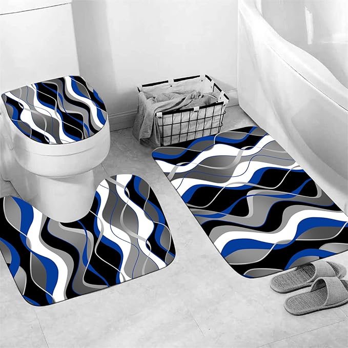 Nkzply 4 Pcs Blue Shower Curtain Black Bathroom Sets with Shower Curtain and Rugs Grey Modern Striped Shower Curtain Set White Bathroom Rugs Set Bathroom Decor Toilet Lid Cover Hooks