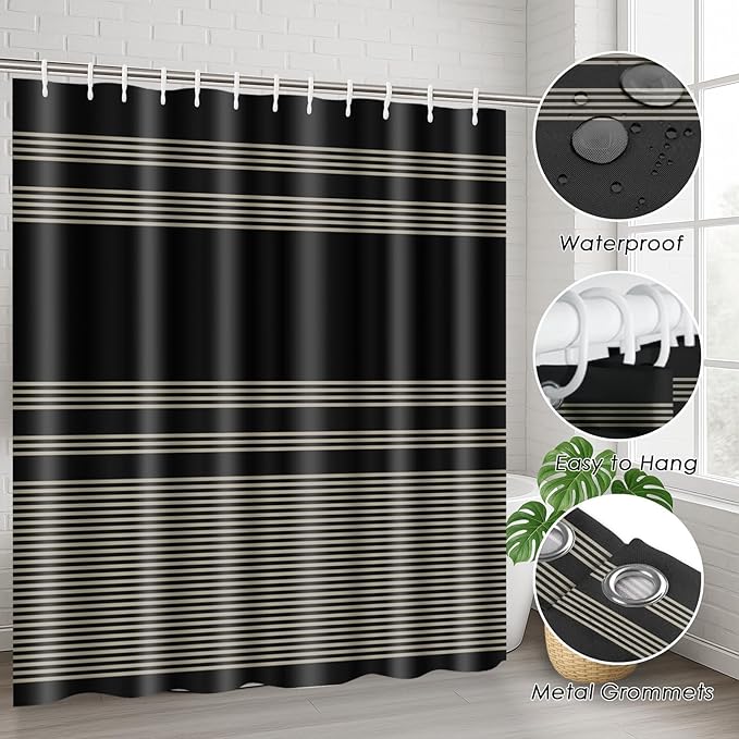 Black Bathroom Decor and Accessories Set, Striped Shower Curtain and Rug Set with Trash Can, Soap Dispenser, Soap Dish, Toothbrush Holder, Toothbrush Cup, Toilet Brush