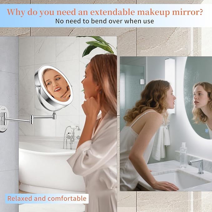 FUNTOUCH 5000mAh Rechargeable Wall Mounted Makeup Mirror with Lights, 9" Double Sided 1X/30X Magnifying Mirror with Dimmable 3 Color Light, Extended Swing Arm 360° Wall Mount Bathroom Mirror,Chrome