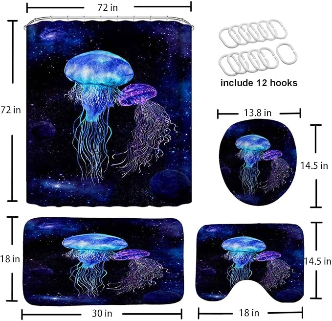4 Pcs Jellyfish in Starry Galaxy Shower Curtain Sets, Fantasy Jellyfish Shower Curtains Waterproof Polyester Fabric, Fabric Universe Outer Space Theme Bathroom Decor with 12 Hooks, 72" x 72"