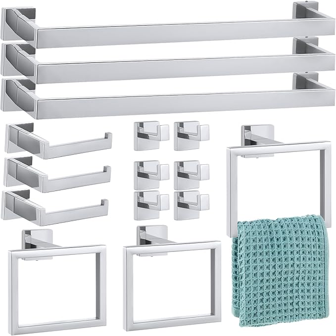Gisafai 15 Pcs Silver Bathroom Hardware Accessories Set 23.6 Inch Bath Towel Bar Kit Stainless Steel Bathroom Hardware Set Towel Racks Ring Robe Hooks Paper Holder for Wall Mounted