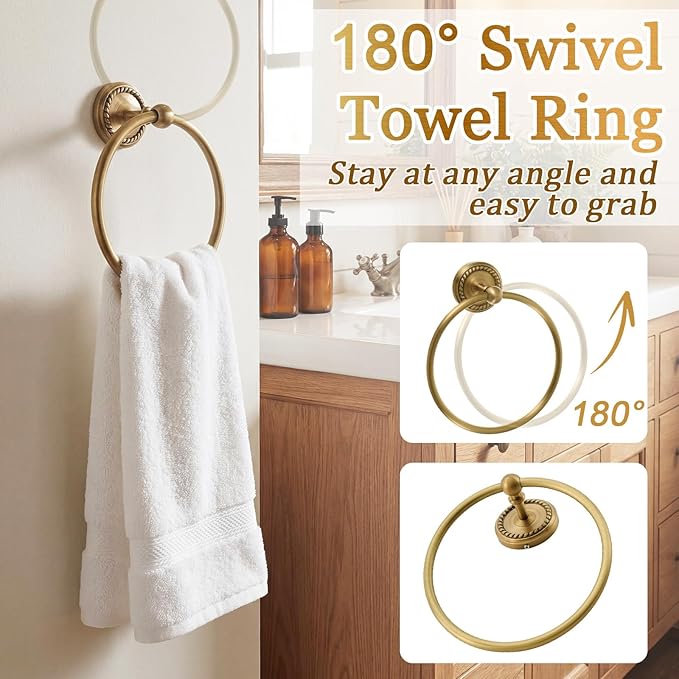 4 Pcs Antique Brass Gold Bathroom Accessories Set Wall-Mounted Towel Rack & Towel Ring & Toilet Paper Holder & Robe Hook, Wall Mounted Brass Vintage Bath Hardware Fixture Set(Style 5)