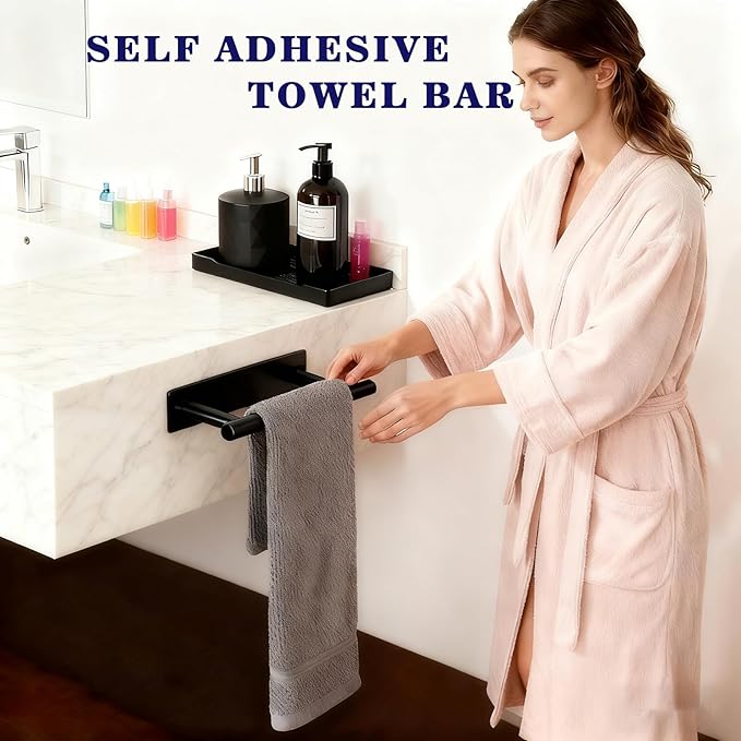 Alise Adhesive Towel Bar Black,Towel Racks for Bathroom Wall Mounted,Bathroom Towel Rack SUS304 Stainless Steel,Towel Holder for Kitchen/Bathroom Hardware Decoration,Sticky or Screw-Mounted,8 Inch