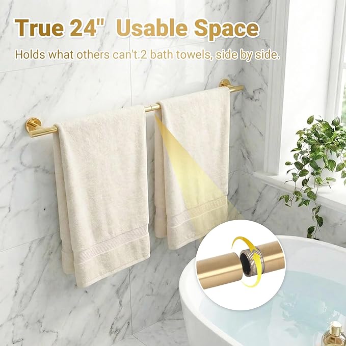 24 Inch Usable Towel Bar, 5-Piece Blushed Gold Bathroom Accessories, SUS304 Stainless Steel Towel Ring Holder, Toilet Paper Holder with 2 Hooks, Wall Mounted Modern Bathroom Hardware Set