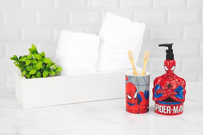 Jay Franco Marvel Spiderman 2 Piece Set - Red & Blue Soap Dispenser & Tumbler Set - Kids Resin Superhero Bathroom Accessories