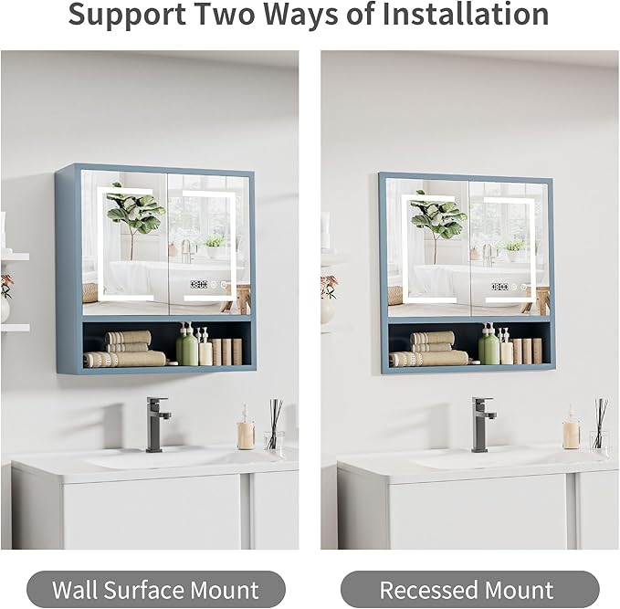 Bathroom Medicine Cabinet with Mirror, Lighted Storage Cabinet Wall Mounted with Doors & Adjustable Wood Shelf, Modern Bathroom Mirror with LED Lights Defogger for Makeup Laundry/Living Room, Grey