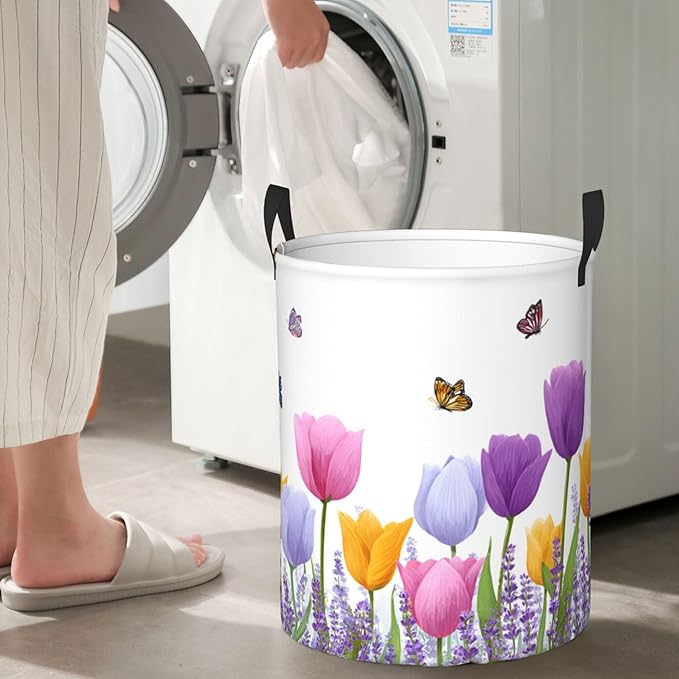 Floral Tulip Laundry Hamper, Collapsible Storage Basket with Handles for Clothes, Bedroom, Bathroom 19.6 x15.7 Inch