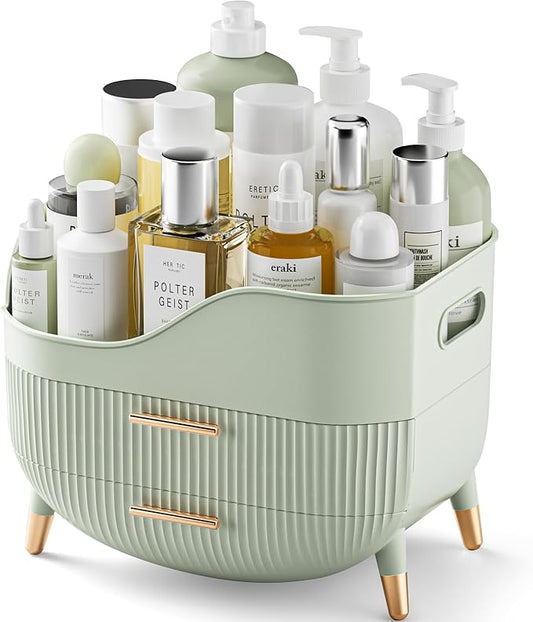 Makeup Organizer with Drawers, Green Skincare Organizer for Vanity, Storage Box with Handle, Large Cosmetic Display Case for Dresser, Bathroom Countertop