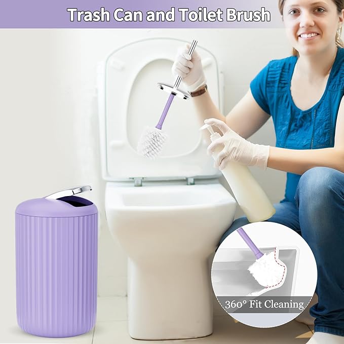 XLHOMO 9PCS Purple Bathroom Accessories Set Complete with Trash Can, Vanity Tray, Soap Dispenser, Soap Dish, Toothbrush Holder, Toothbrush Cup, Toilet Brush and Qtip Holders