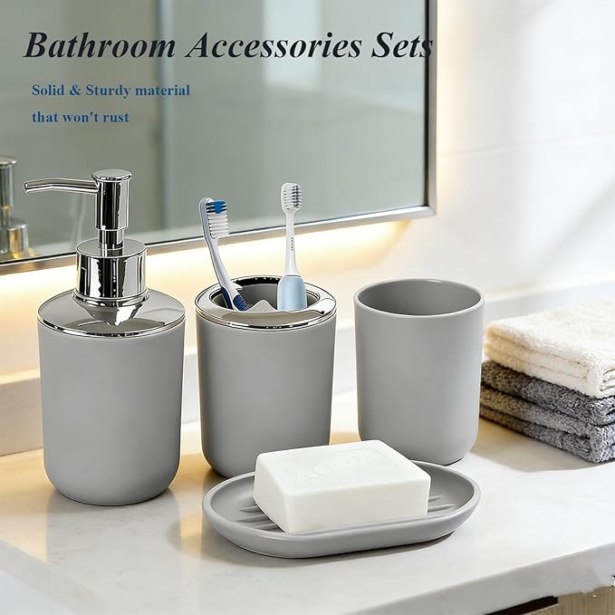 Matte Gray Bathroom Accessories Set, 4 Piece Plastic Bathroom Toothbrush Holder Set, Include Soap Dispenser, Toothbrush Holder, Rinse Cup, Soap Dish, Boho Grey Bathroom Decor for Home, Bathroom Set