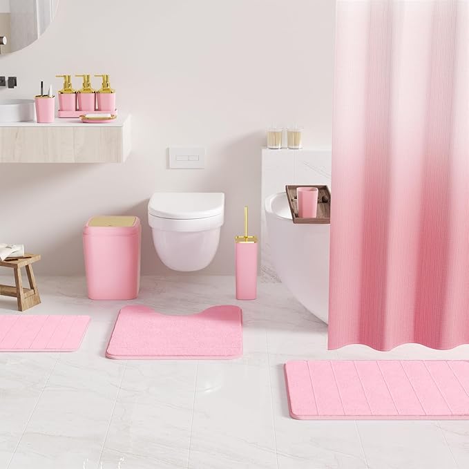 Bathroom Set - 27PC Bathroom Sets with Shower Curtain and Rugs, Pink Bathroom Set, Pink Bathroom Accessories Set with Push-lid Trash Can, Toilet Brush & Soap Dispensers