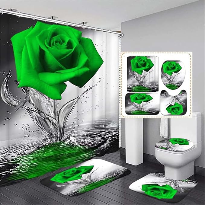 Green Rose Bathroom Set with Shower Curtain, Non-Slip Rugs, Bath Mat, Toilet Lid Cover and 12 Strong Hooks, Modern Style