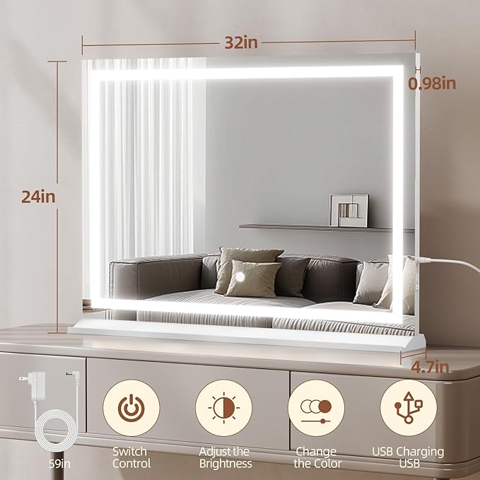 Memobarco Vanity Mirror with Lights, 24" x 32" Makeup Mirror with 3 Color Modes 5X Magnification & USB/Type-C Charging Port, Large LED Mirror for Bedroom Tabletop & Wall Mounted