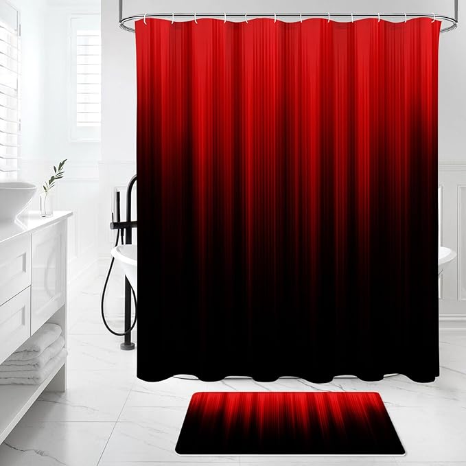 Litabel 4 Pcs Red and Black Gradient Shower Curtain Set with Rugs and Toilet Lid Cover, Modern Simple Waterproof Fabric Bathroom Set, Ombre Stripe Gothic Abstract Bathroom Decor Set Accessories