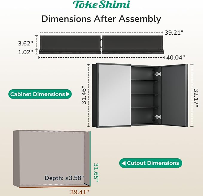 TokeShimi 40 x 32 Black Recessed Medicine Cabinet with Mirror, Assembly Required, Bathroom Mirror Cabinet, Steplessly Adjustable Shelves, Beveled Aluminum Frame, Tempered Glass