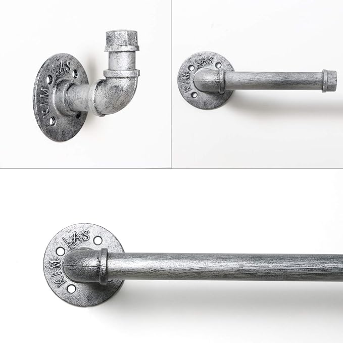 HouseAid 3-Pieces Industrial Pipe Towel Holder Set, Rustic Steel Towel Rack Kit, Farmhouse Vintage Style Towel Bar Accessories for Bathroom, Wall Mounted, Antique Silver