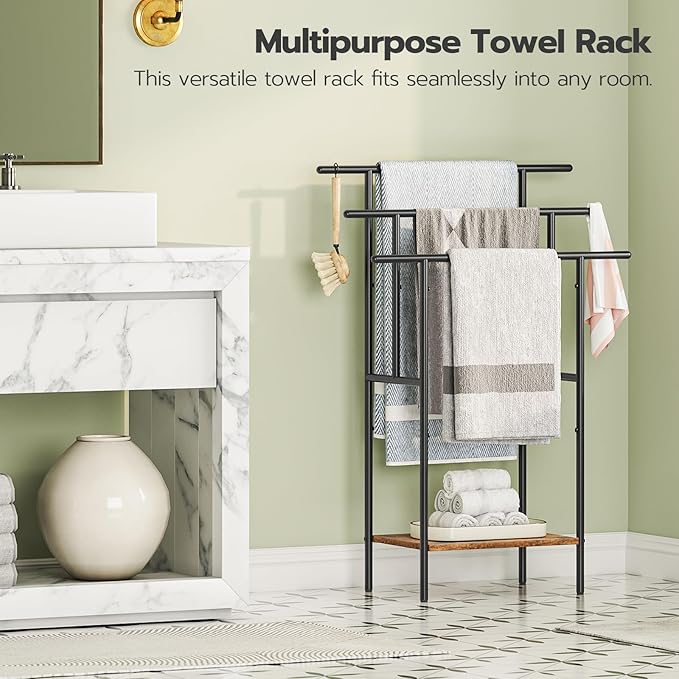 HOOBRO 39.4" Tall Freestanding Towel Rack for Bathroom, 3 Tier Stepped Blanket Rack with Shelf, Oversized Bath Towels Drying and Display Rack, Black and Rustic Brown BF50LB01