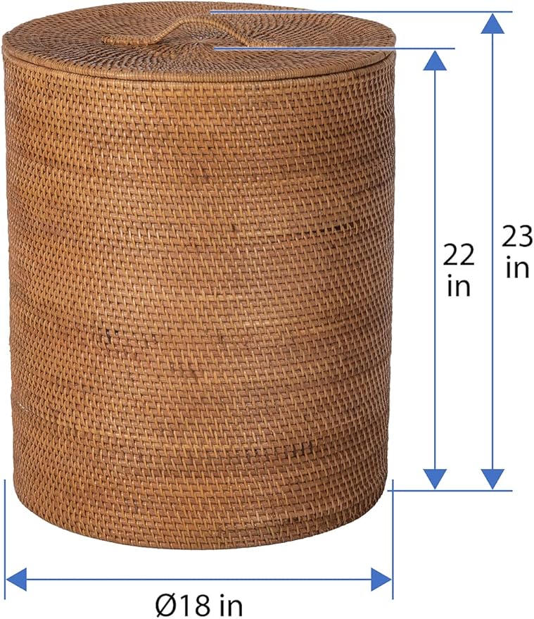 KOUBOO Loma Round Rattan Hamper & Laundry Basket with Lid - Stylish Storage Decor Wicker, Storage Hamper - Organizer & Blankets for Every Room, Brown